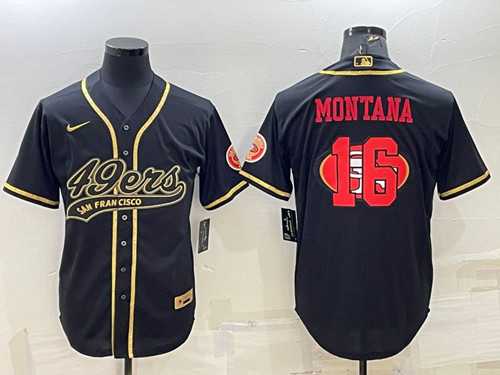 Mens San Francisco 49ers #16 Joe Montana Black Gold Team Big Logo With Patch Cool Base Stitched Baseball Jersey